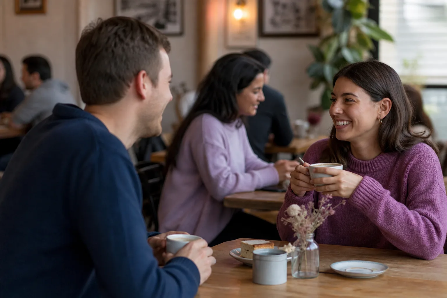 Two people talking over coffee in Guildford town centre