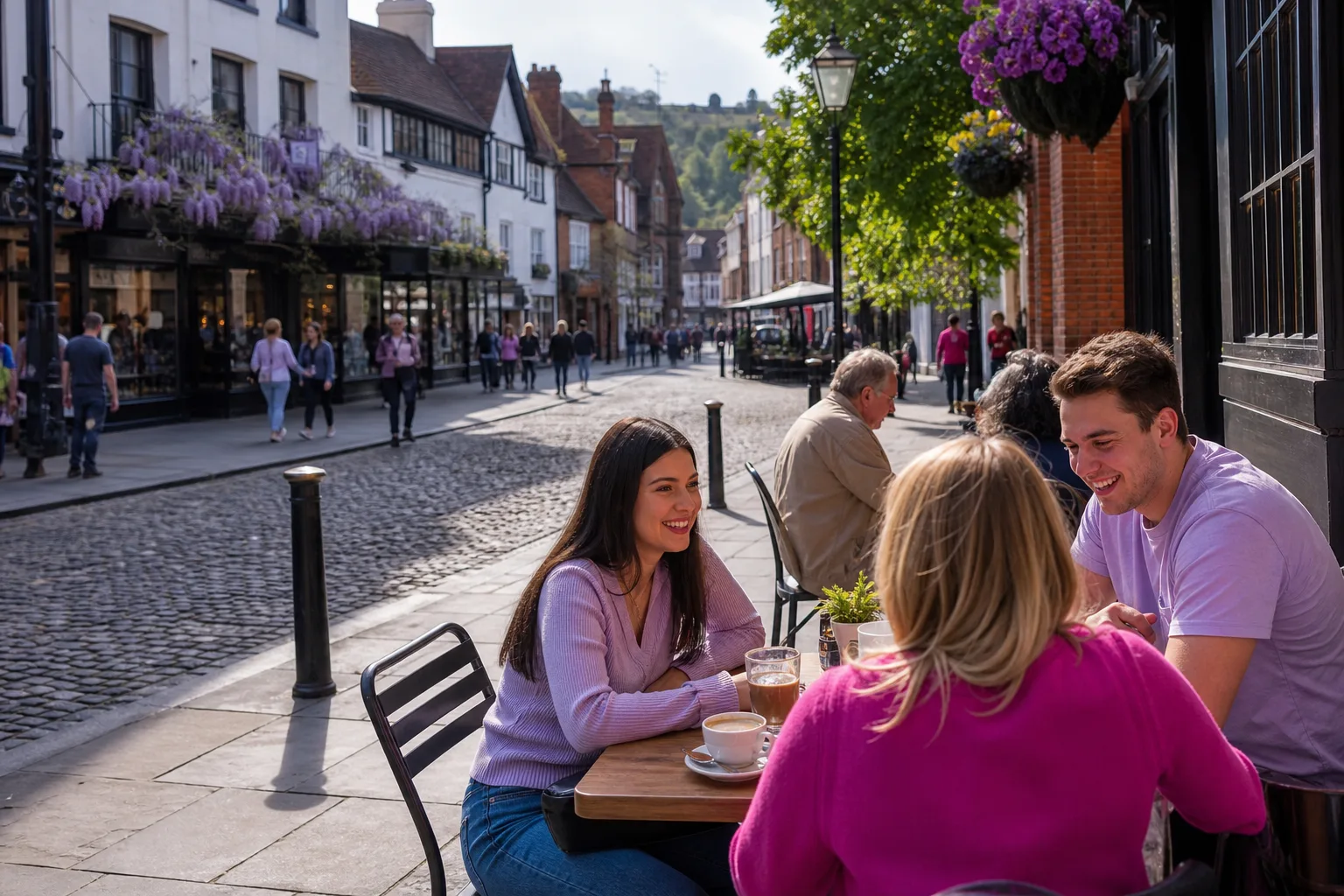 Couple walking through Guildford town centre in the early evening