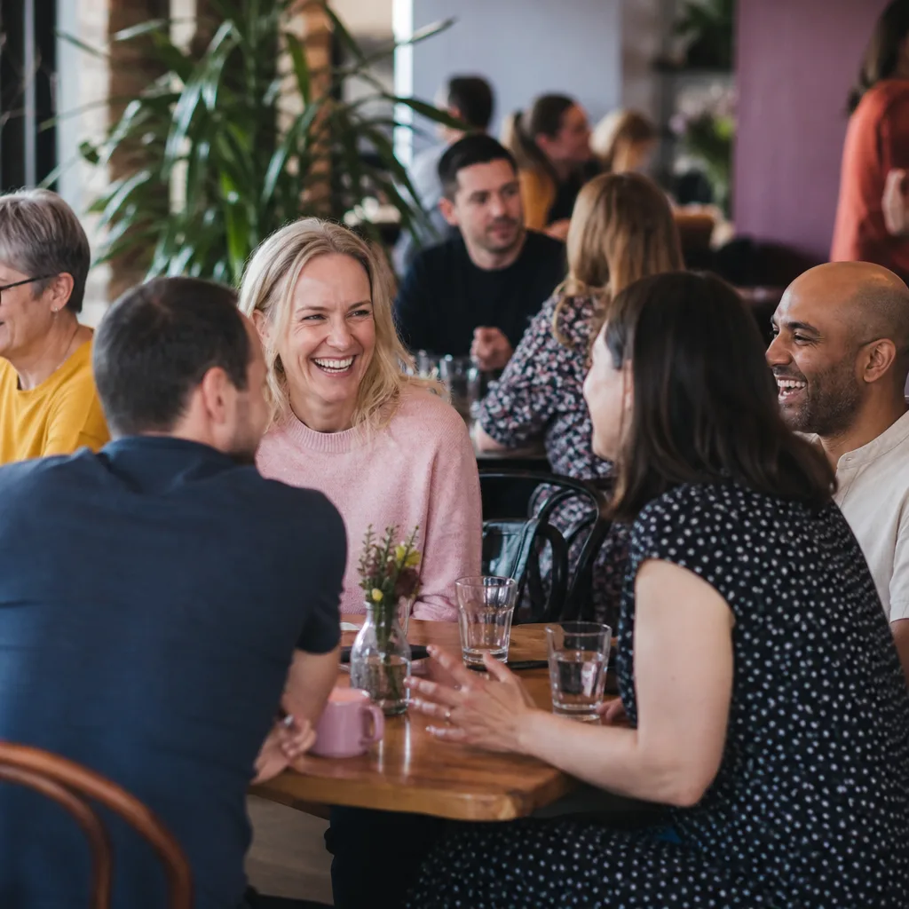 Two adults chatting over drinks at a hosted Guildford social evening