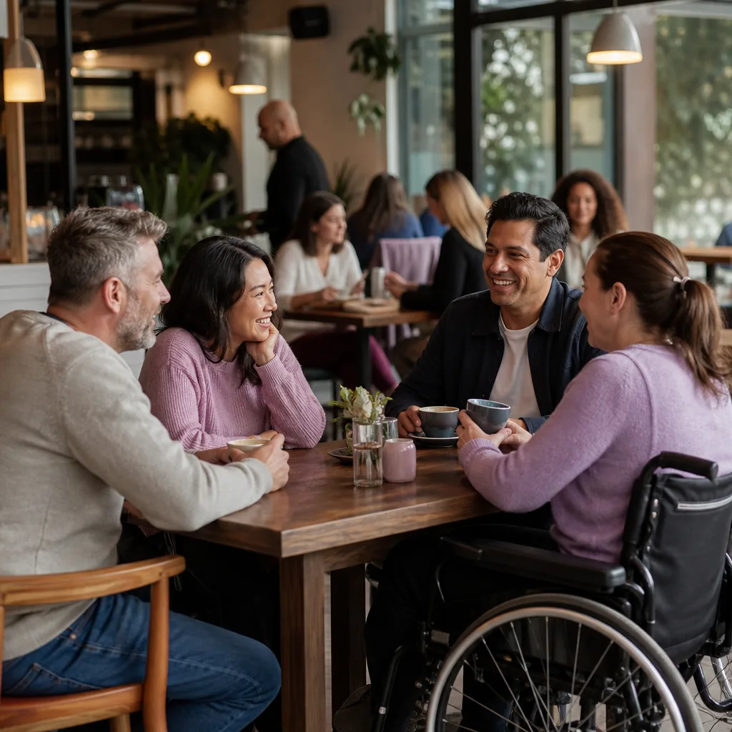 Two people having coffee at a central Guildford café